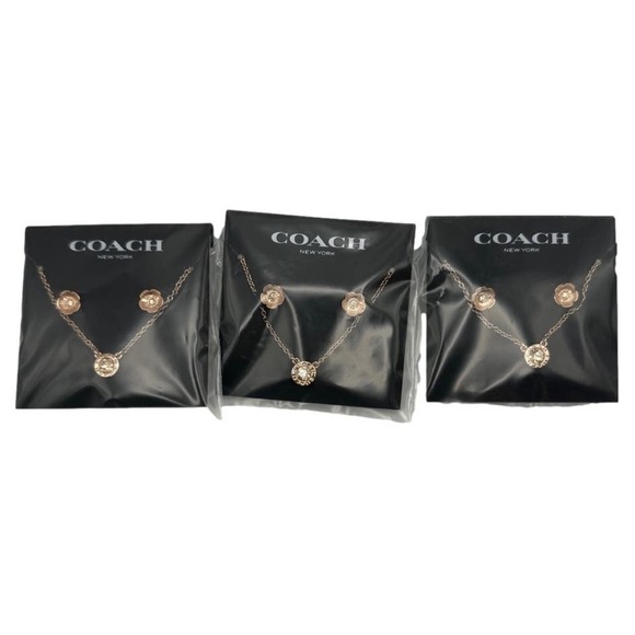 NWT COACH Signature Rose Gold Tone Floral Earrings Studs and Necklace Set - Picture 5 of 5